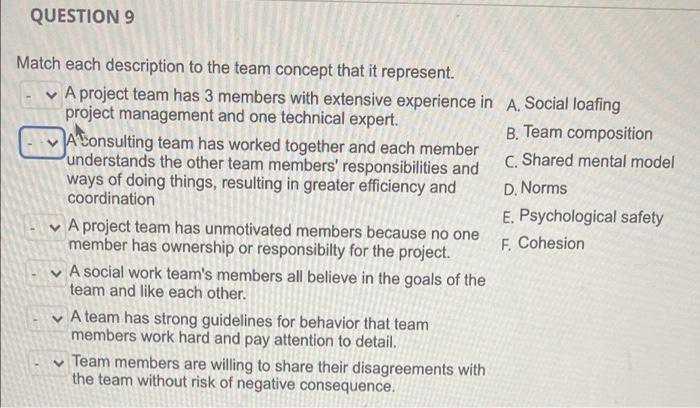 QUESTION 9 Match each description to the team