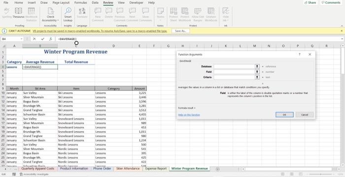 Excel Problem On the Winter Program Revenue
