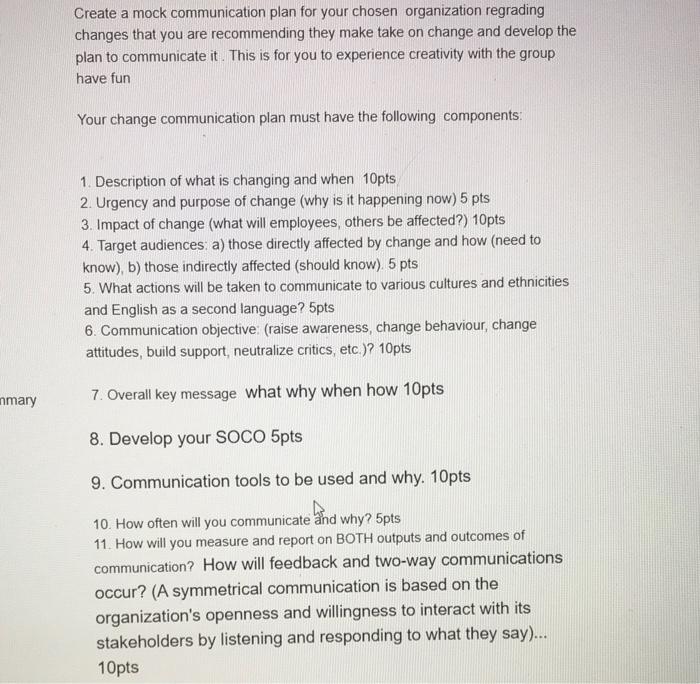 Create a mock communication plan for your chosen