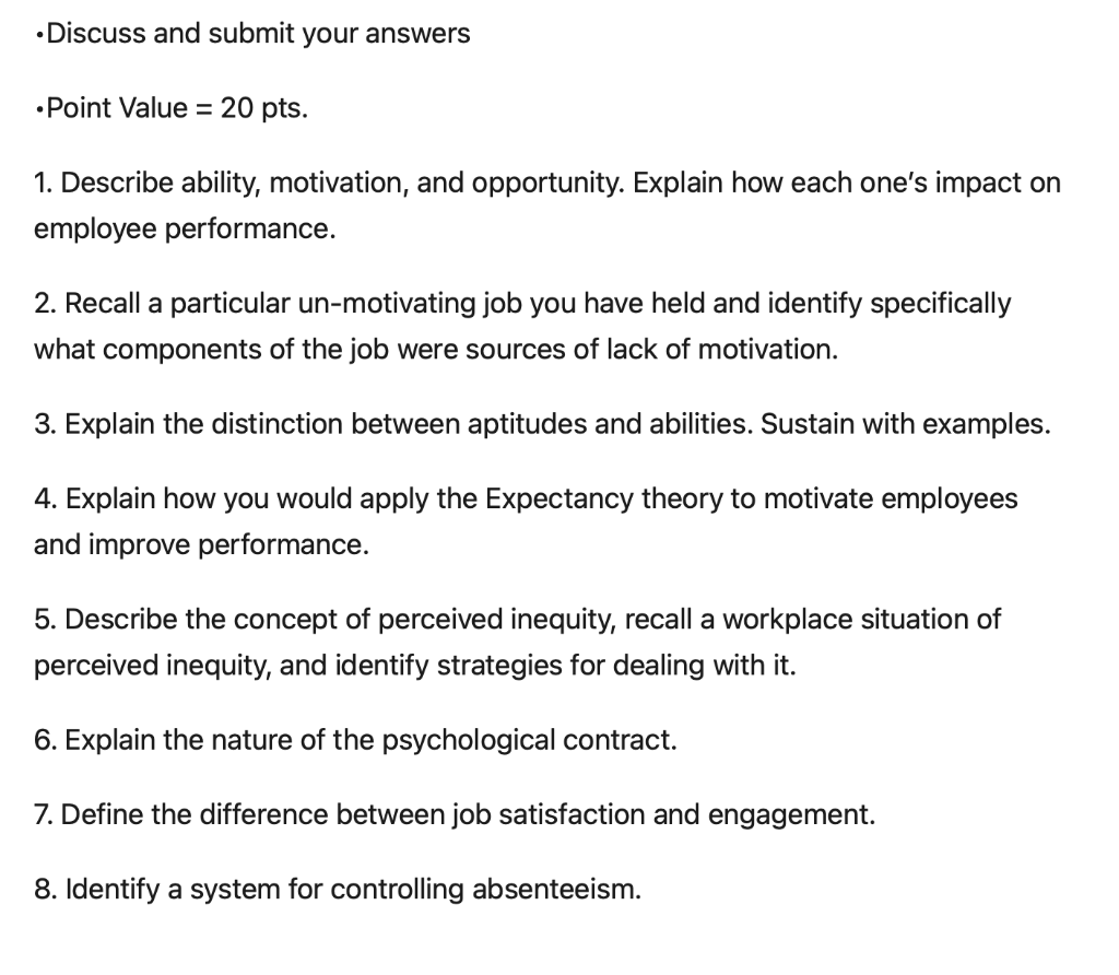 Discuss and submit your answers Point Value = 20