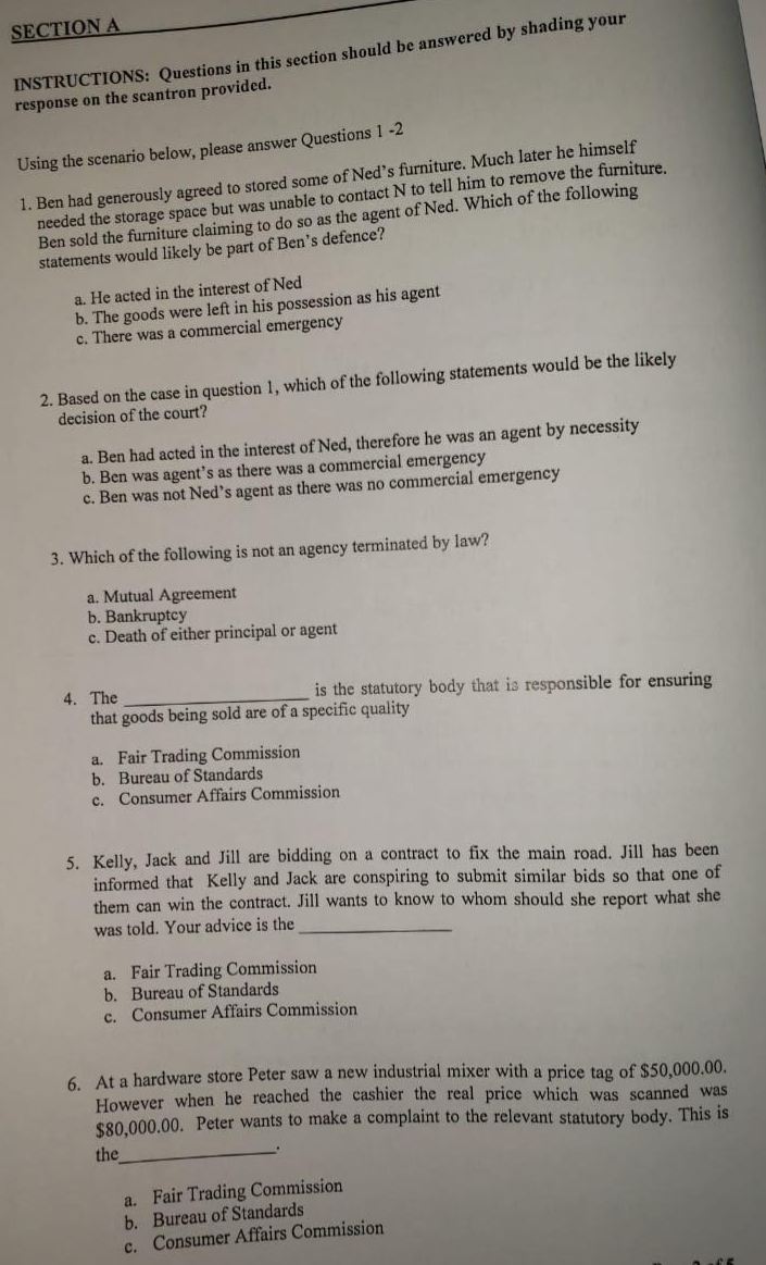 SECTION A INSTRUCTIONS: Questions in this section