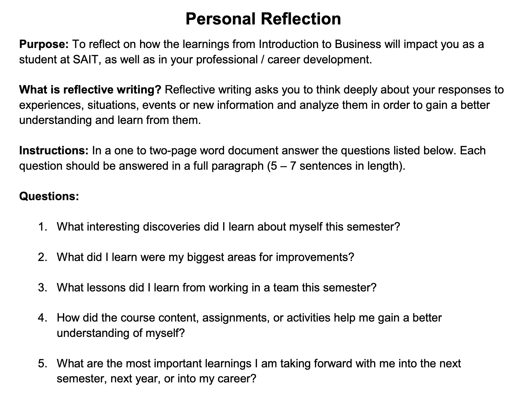 Personal Reflection Purpose: To reflect on how