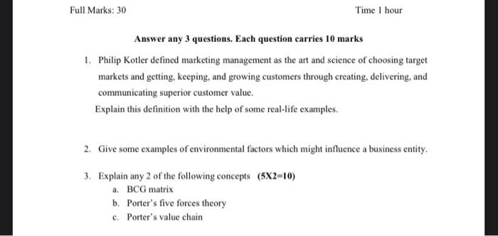 Full Marks: 30 Time 1 hour Answer any 3