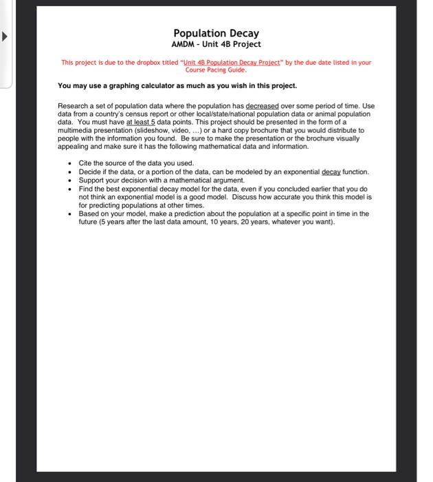Population Decay AMDM - Unit 4B Project This