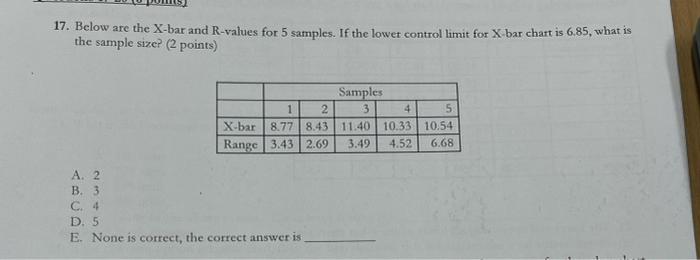 17. Below are the X-bar and R-values for 5