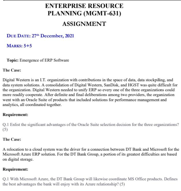 ENTERPRISE RESOURCE PLANNING (MGMT-631)