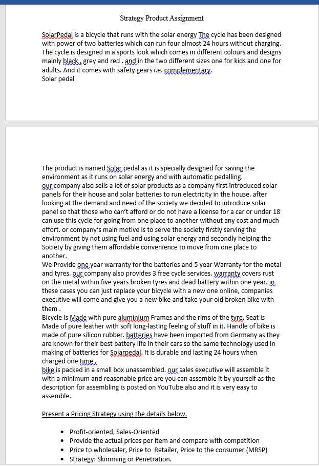 Strategy Product Assignment Solarpedal is a