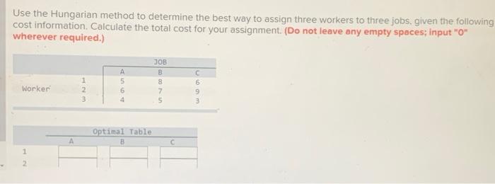 filling in the answer Use the Hungarian method to