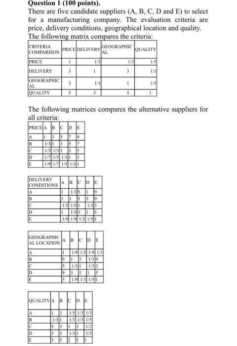Excel Question 1 (100 points). There are five