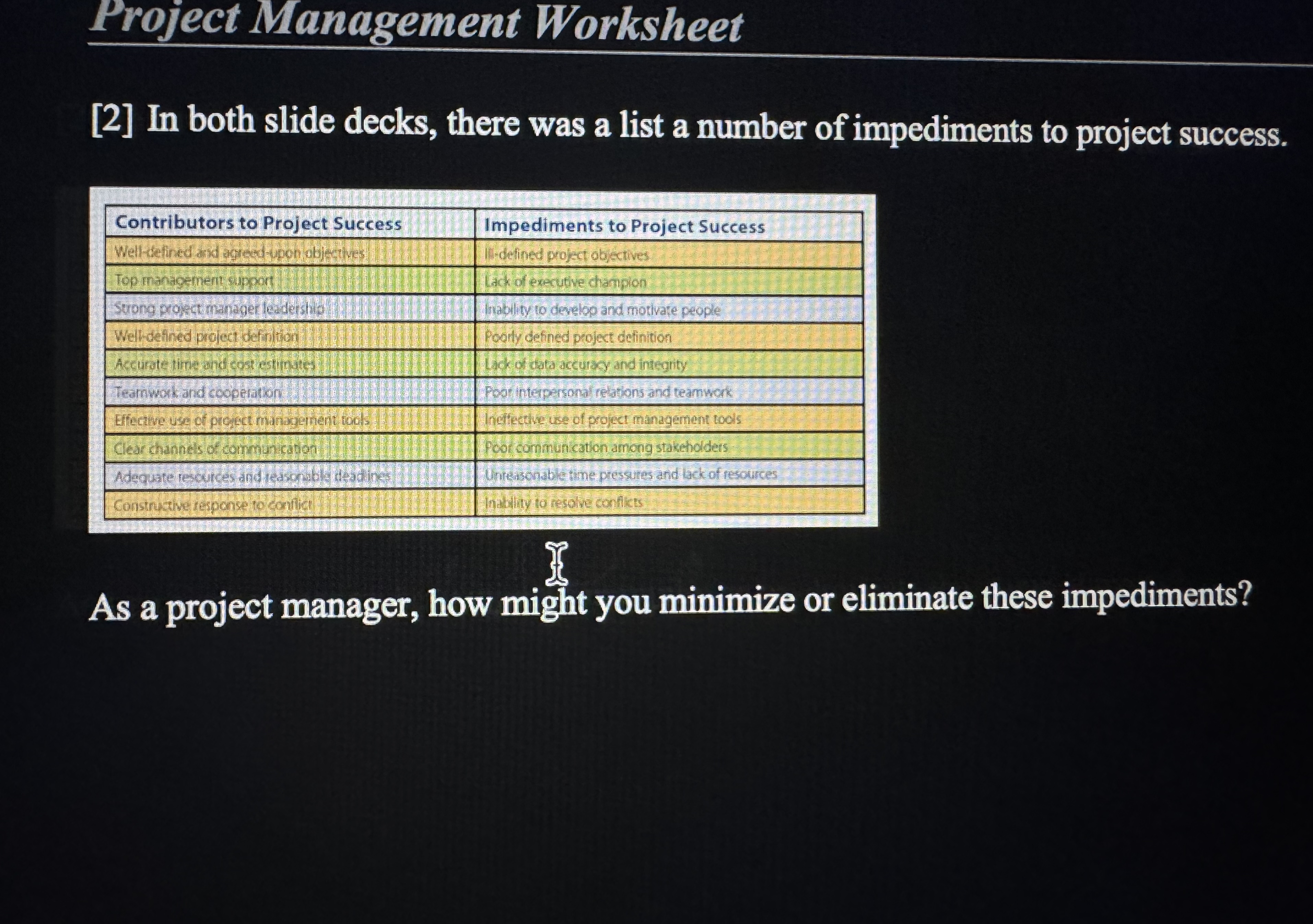 Project Management Worksheet [ 2 ] In both slide