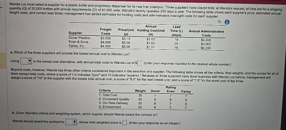 Wanda Lux must select a supplier for a plastic