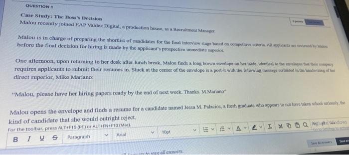 QUESTIONS Case Study: The Boss's Decision Malou