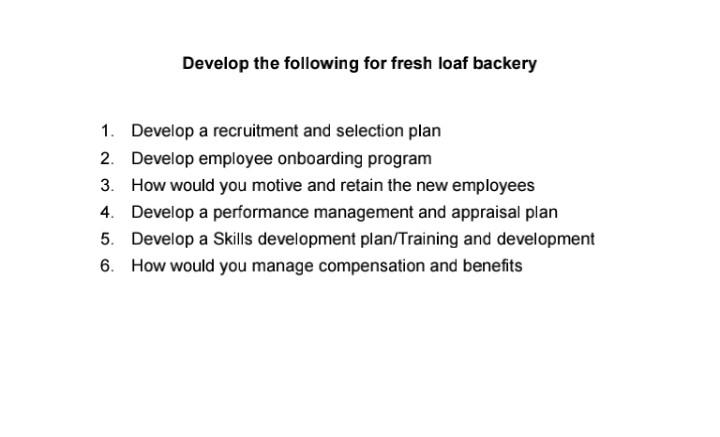 Develop the following for fresh loaf backery 1.