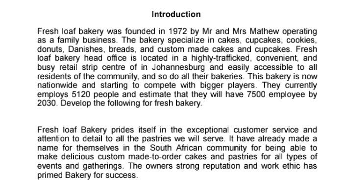 Develop the following for fresh loaf backery 1.