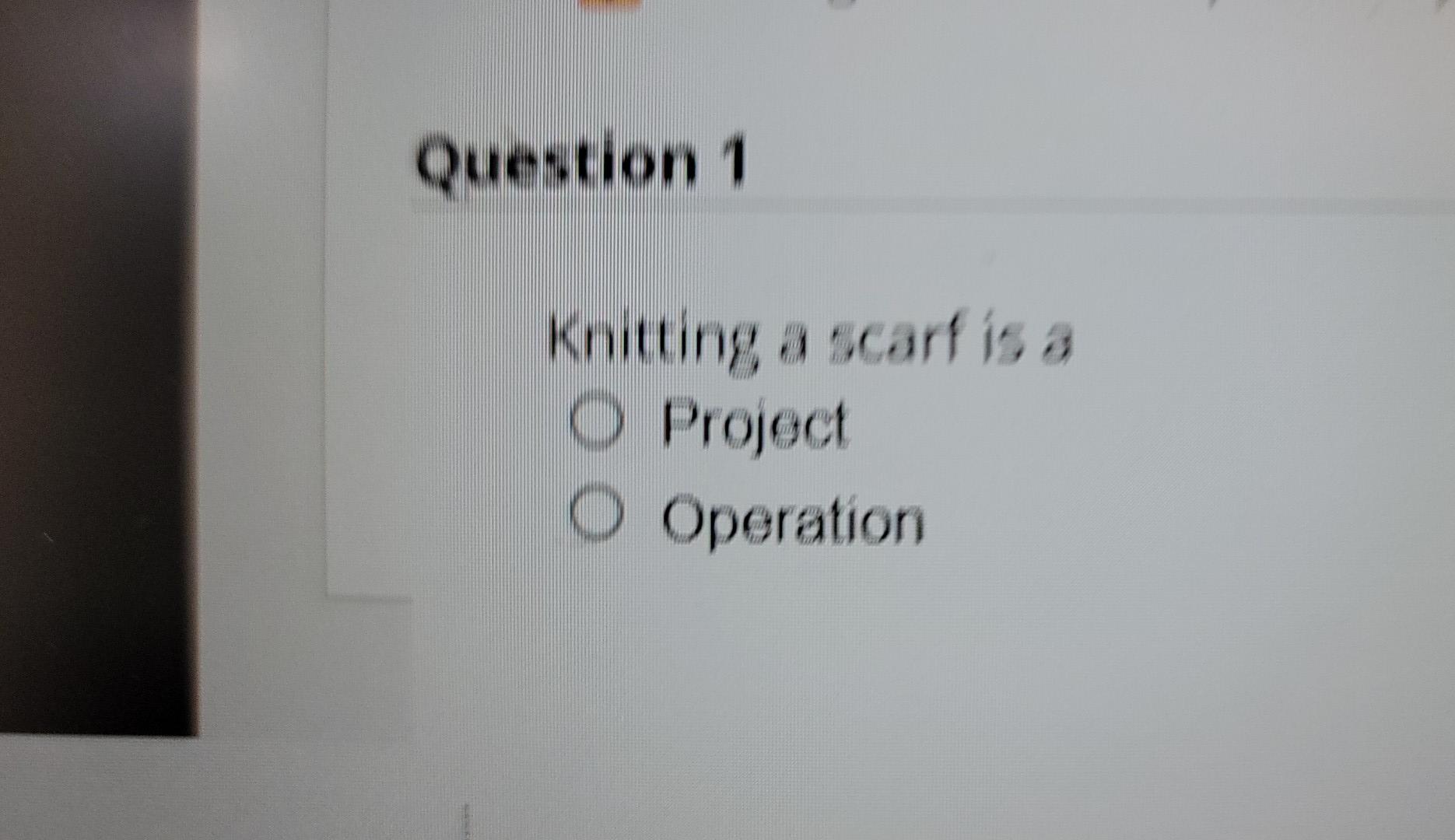 Question 1 Knitting a scarf is a O Project 0