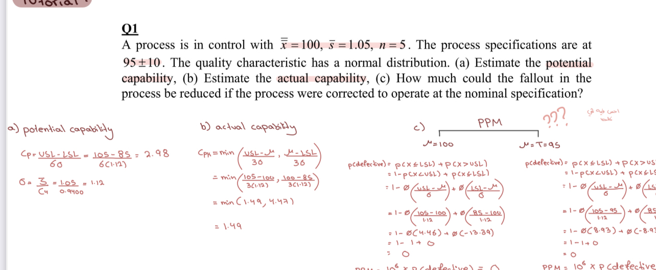 Q 1 A process is in control with ? b a r ( x ) =