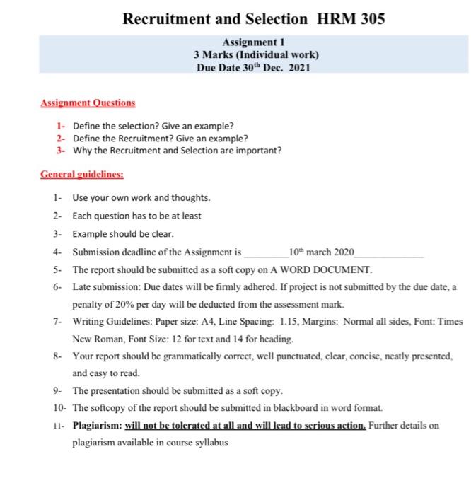 Recruitment and Selection HRM 305 Assignment 1 3