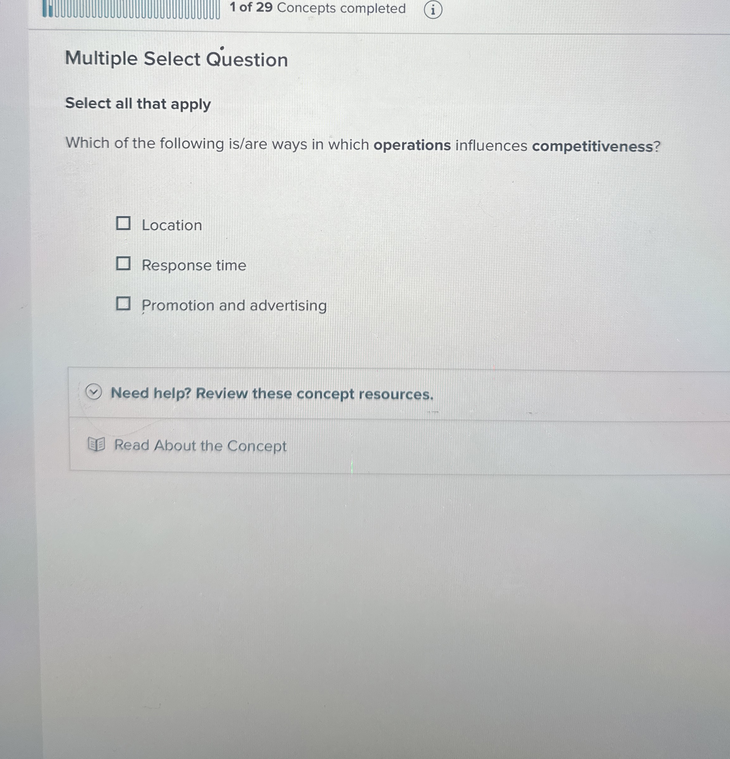1 of 2 9 Concepts completed ( i ) Multiple Select