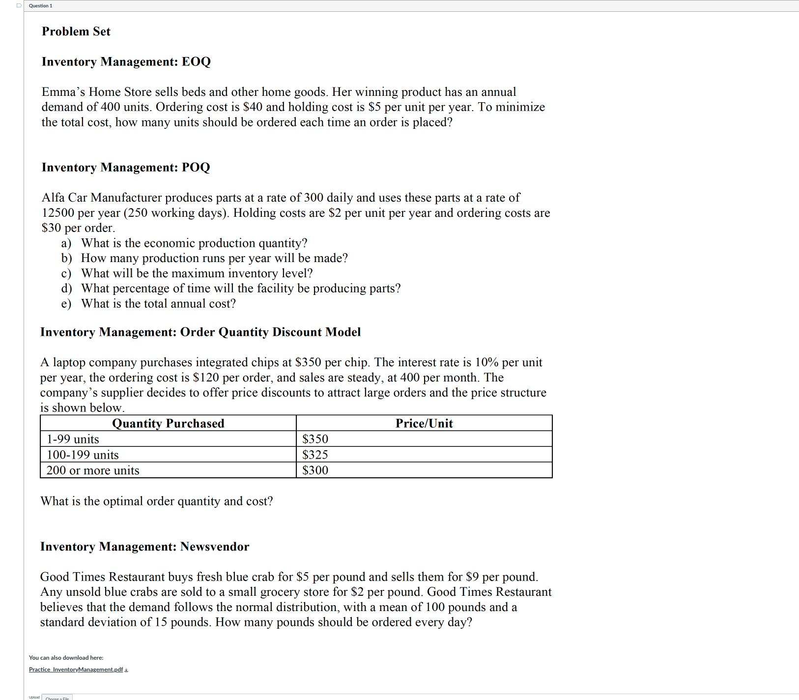 Problem Set Inventory Management: EOQ Emma's Home
