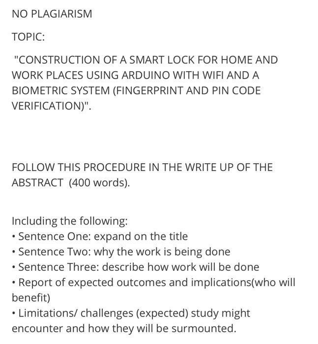 NO PLAGIARISM TOPIC: "CONSTRUCTION OF A SMART