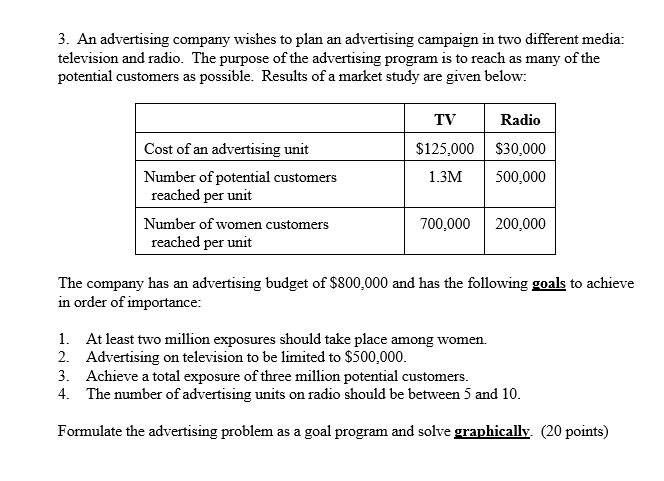 3 . An advertising company wishes to plan an