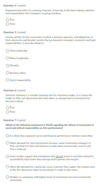 SUBJECT: BUSINESS LEADERSHIP Question 4 (1 point)
