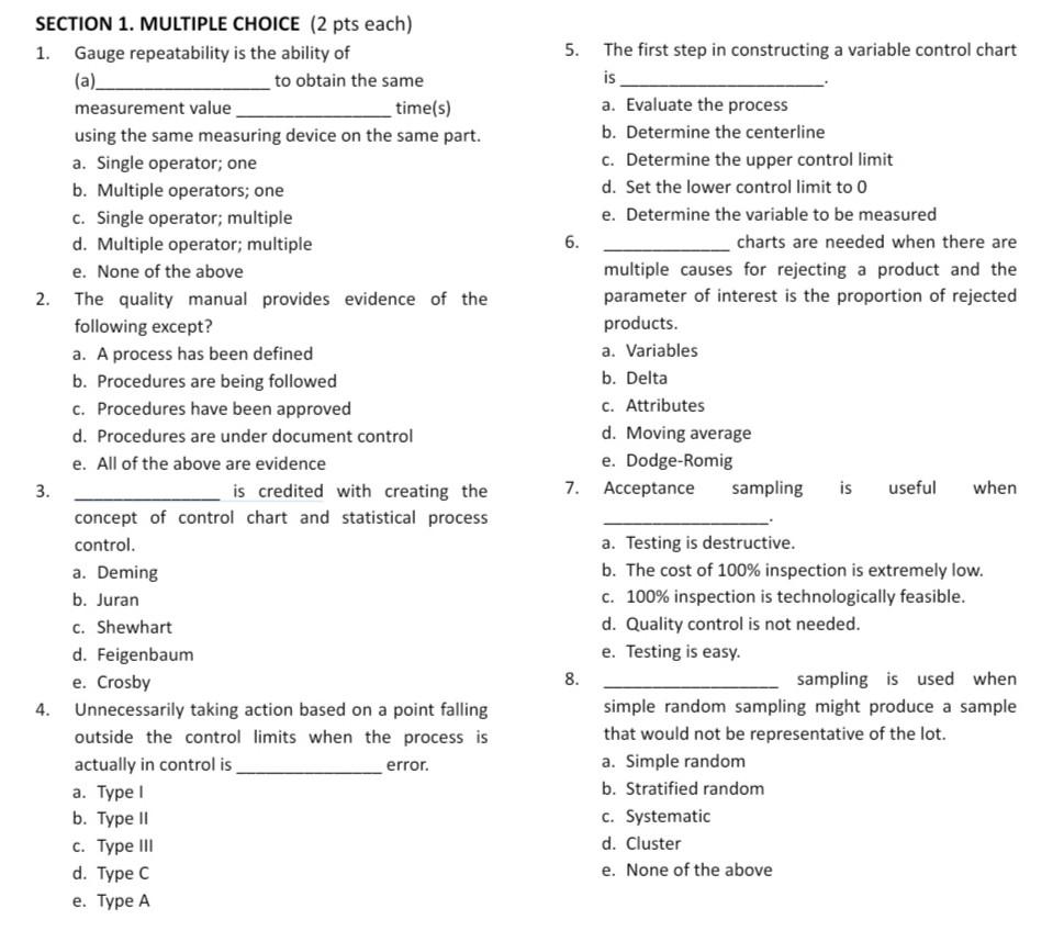 5. 6. SECTION 1. MULTIPLE CHOICE (2 pts each) 1