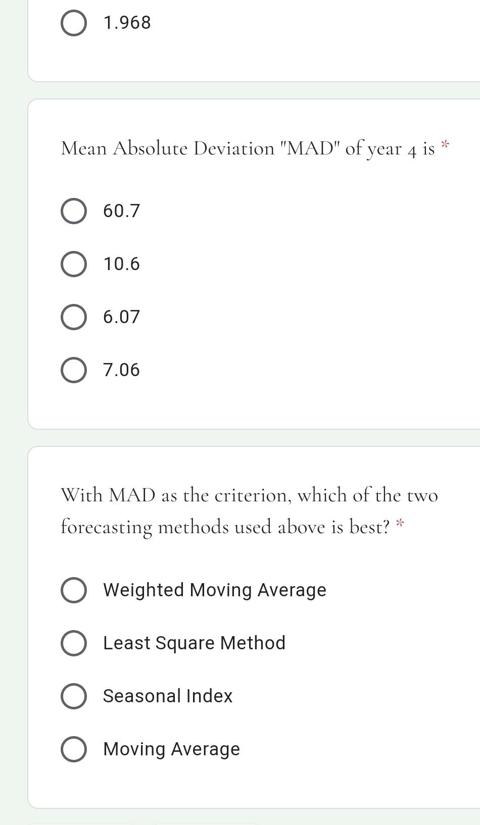 1.968 Mean Absolute Deviation "MAD" of year 4 is