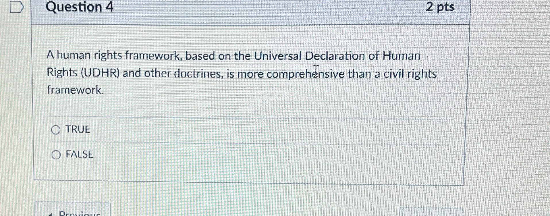Question 4 2 pts A human rights framework, based