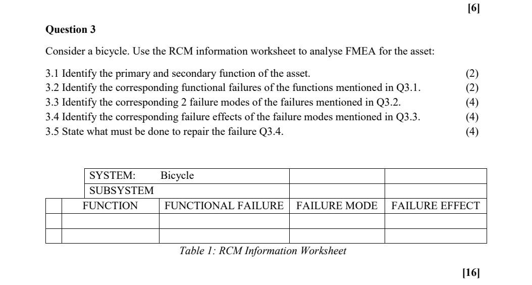 [6] Question 3 Consider a bicycle. Use the RCM