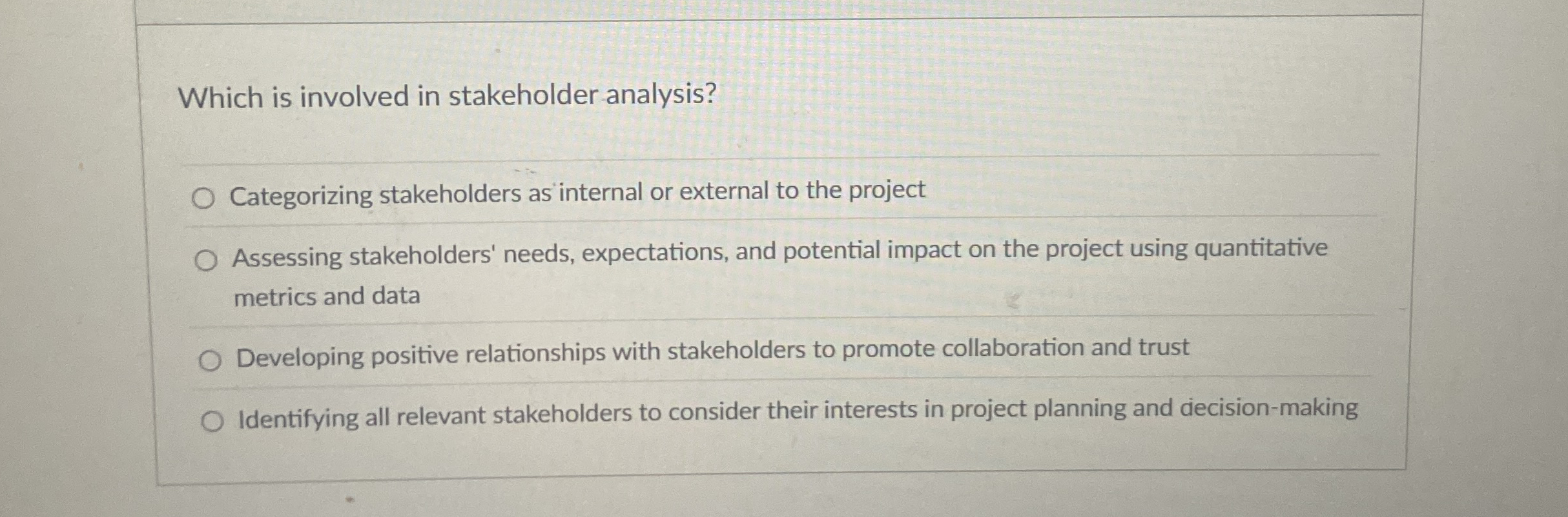 Which is involved in stakeholder analysis?