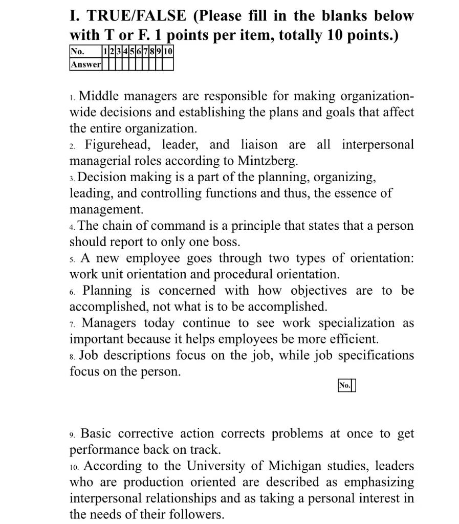 I. TRUE/FALSE (Please fill in the blanks below