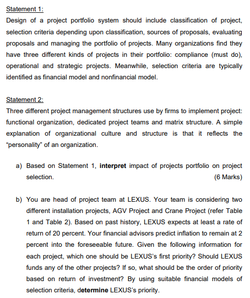 Statement 1: Design of a project portfolio system
