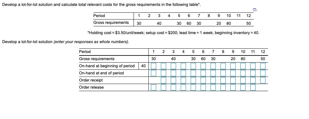 Develop a lot-for-lot solution and calculate