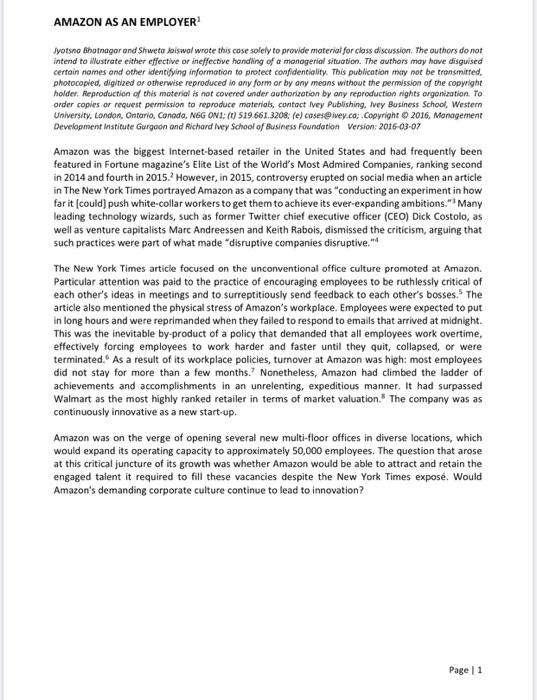 Base on Case study: Amazon as an employer (2016)