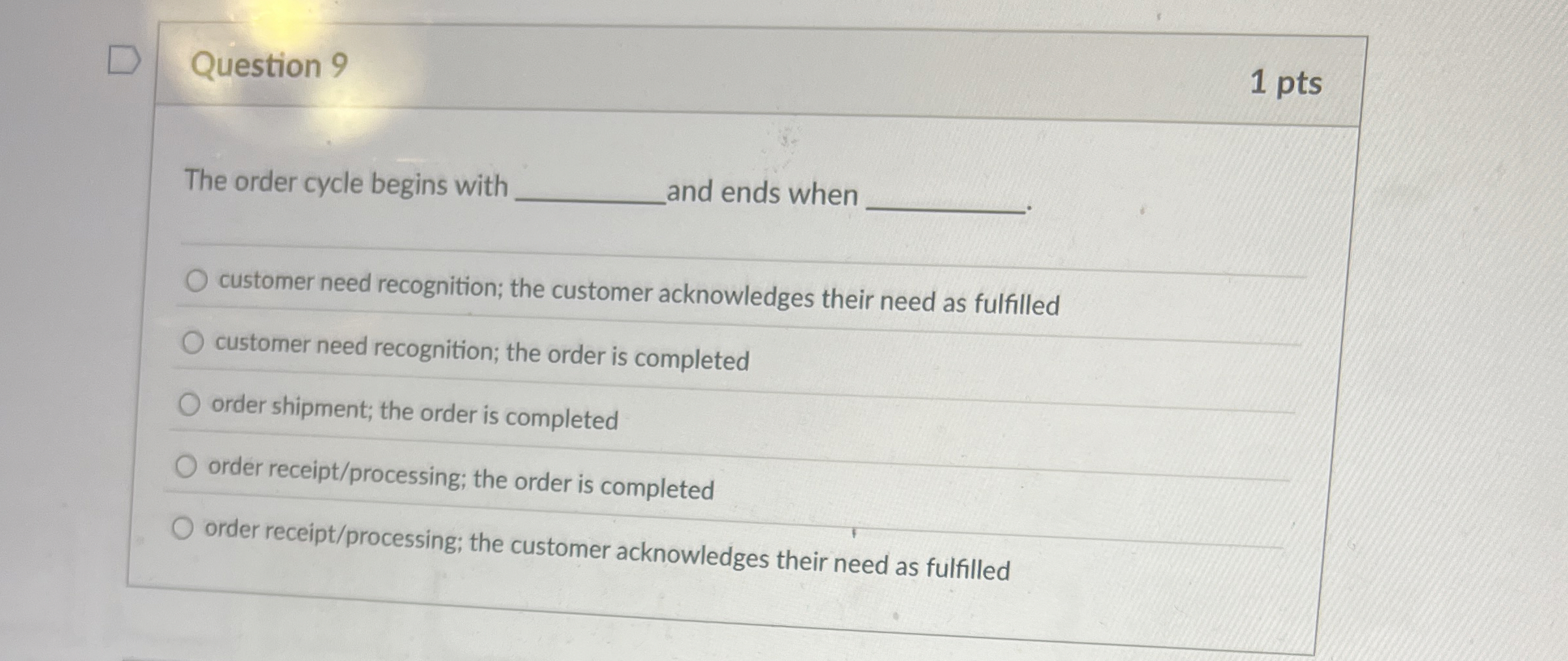 Question 9 1 pts The order cycle begins with and