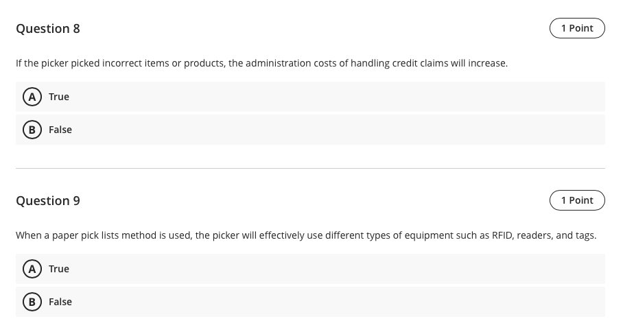 Question 8 1 Point If the picker picked incorrect