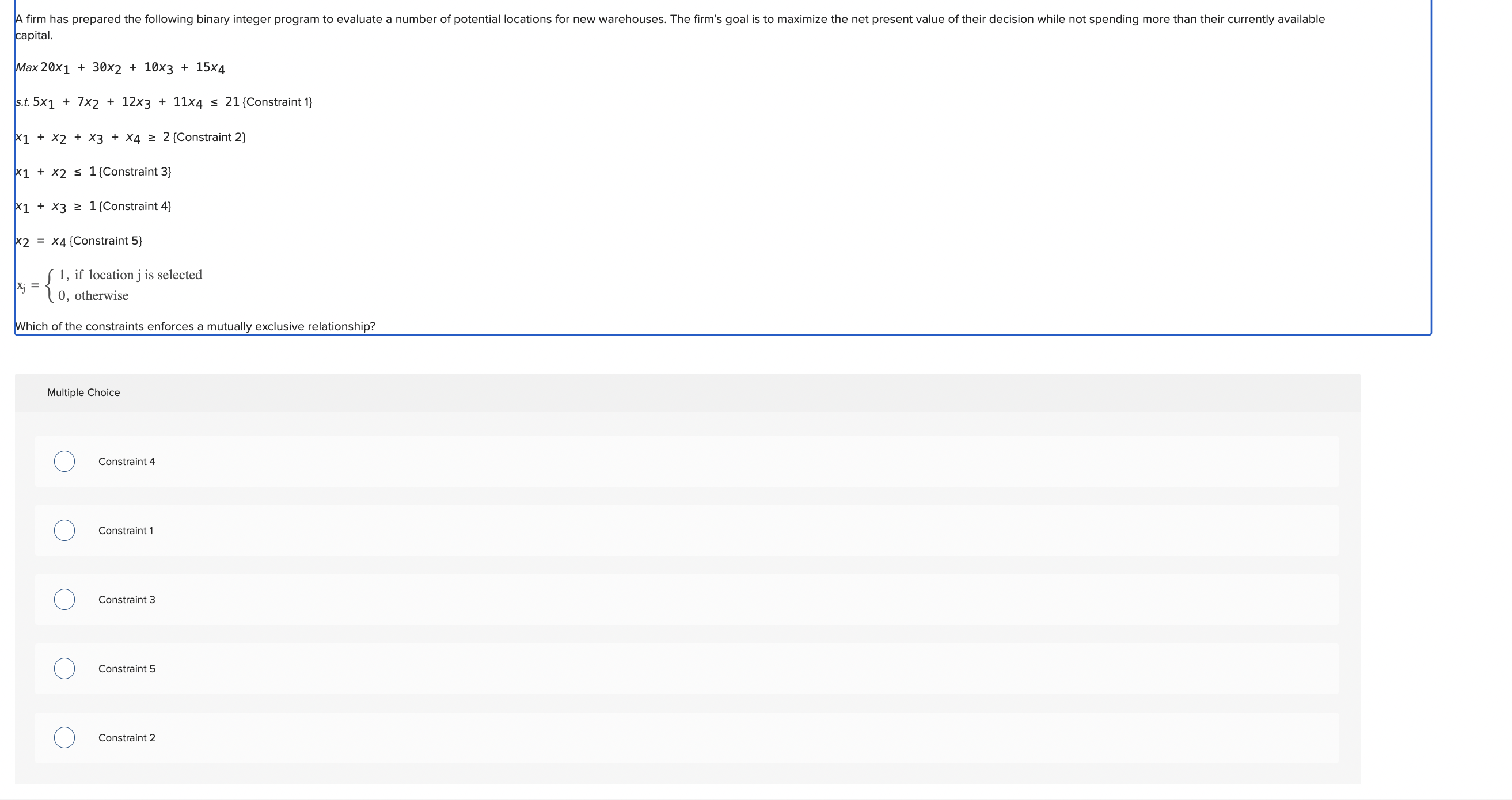 capital. Max 2 0 x 1 + 3 0 x 2 + 1 0 x 3 + 1 5 x