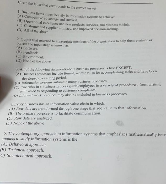 Circle the letter that corresponds to the correct