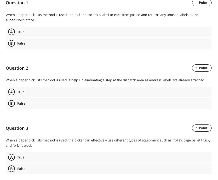 Question 1 1 Point When a paper pick lists method