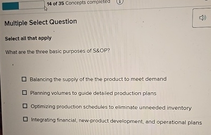 1 4 of 3 5 Concepts completed Multiple Select