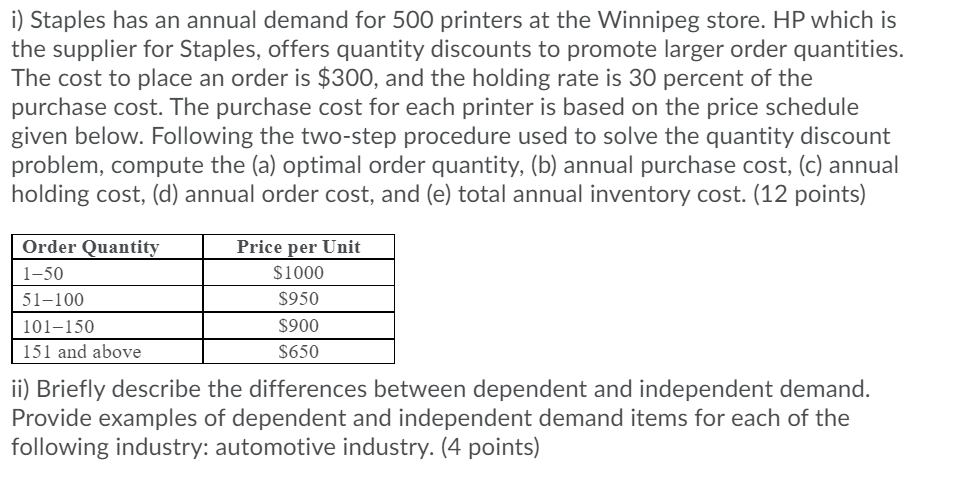 i) Staples has an annual demand for 500 printers