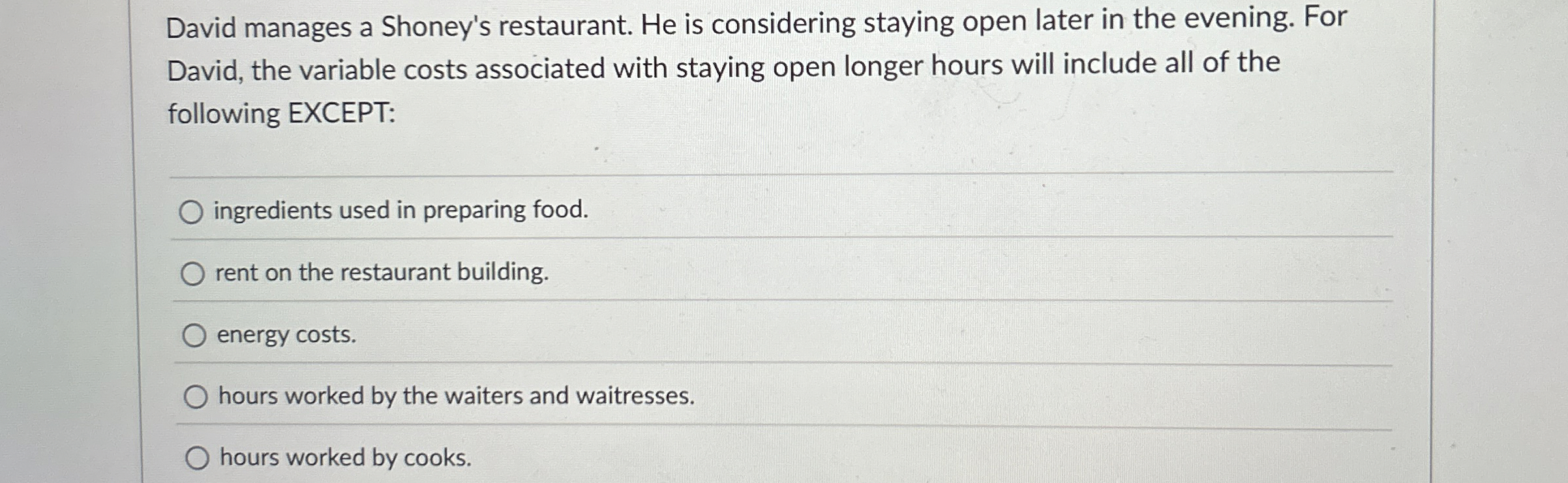 David manages a Shoney's restaurant. He is