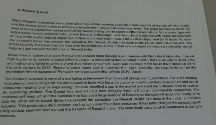 Discuss and analyse the case Renault & India Many