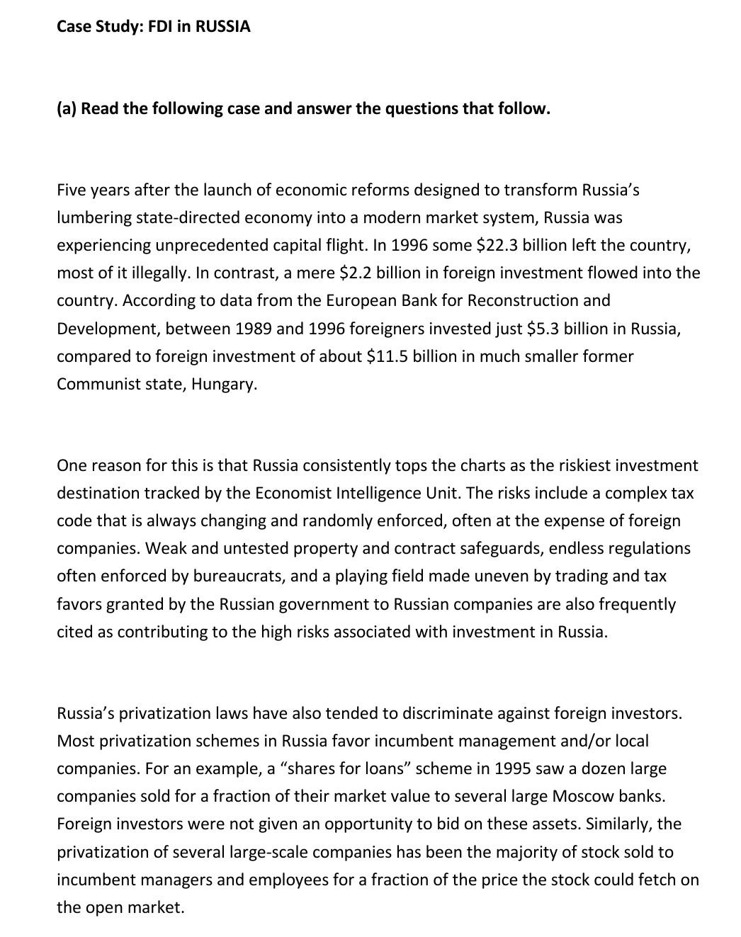 Case Study: FDI in RUSSIA (a) Read the following