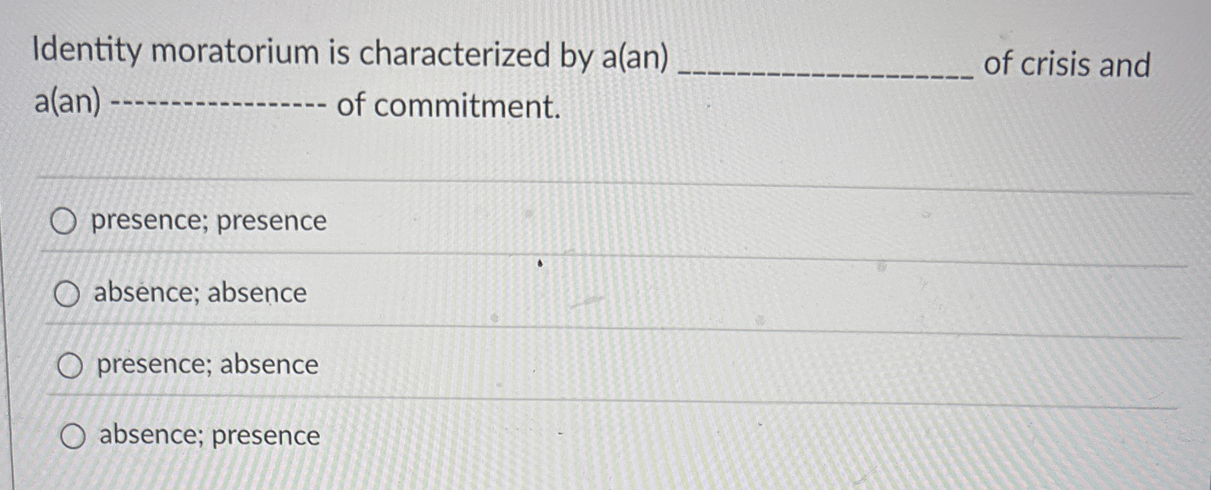 Identity moratorium is characterized by a ( an )