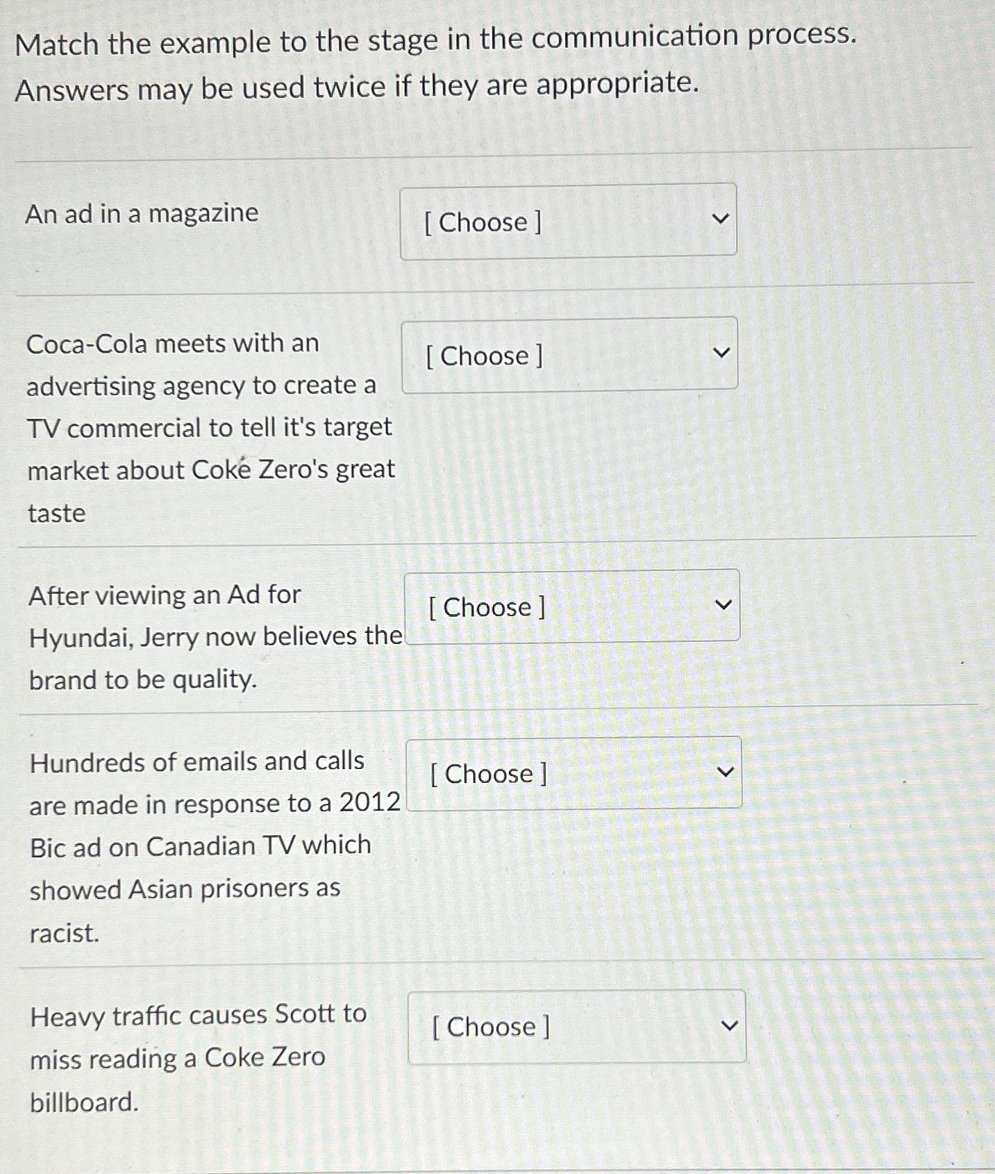 Match the example to the stage in the
