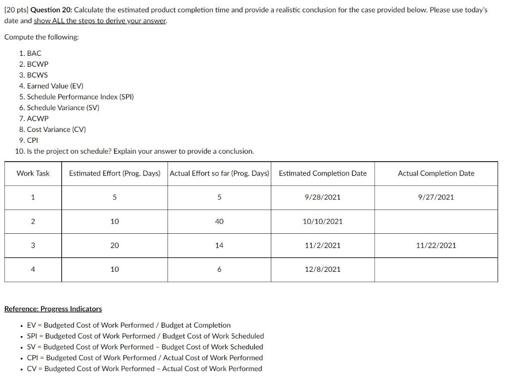 [20 pts) Question 20: Calculate the estimated