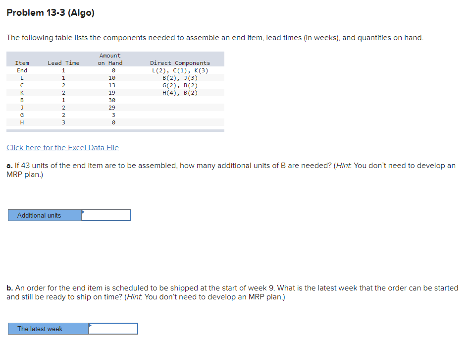 Problem 13-3 (Algo) The following table lists the