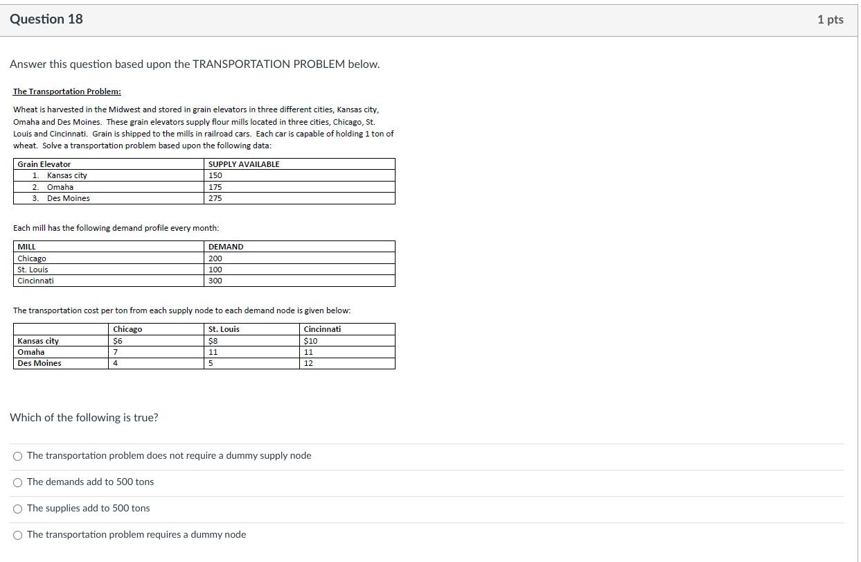 Question 18 1 pts Answer this question based upon